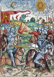 The battle of Gibeon and the sun and moon standing still at the request of Joshua, from Le tresor, ou recipient de la vraie richesse du salut de la beatitude eternelle by Koberger, published in Nuernberg, 1491