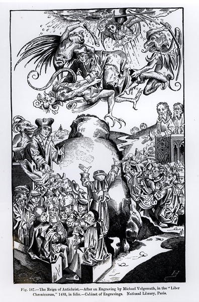 The Reign of Antichrist, from the Liber Chronicarum, published in 1493, illustration from, Science and Literature in the Middle Ages and Renaissance, written and engraved by Paul Lacroix, 1878