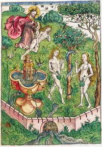 The Creation and the Temptation of Adam and Eve, from Le tresor, ou recipient de la vraie richesse du salut de la beatitude eternelle by Koberger, published in Nuernberg, 1491