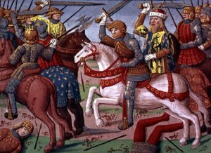 Emperor Charlemagne (747-814) and his Army fighting the Saracens in Spain, 778 from the Story of Ogier