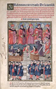 Provost of merchants and aldermen of Paris, scene of tax collection, title page from Ordonnances Royaux de la Juridiction de la Prevote des Marchands et Echevinage de la Ville de Paris, 1501, new edition 1528