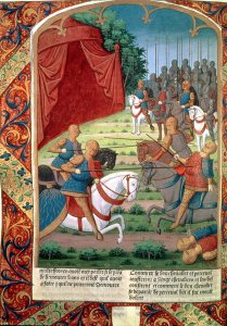 Sir Galahad helping his father, Sir Lancelot, fight twenty knights, before disappearing into the forest without saying who he was, from Lancelot du Lac, c.1490