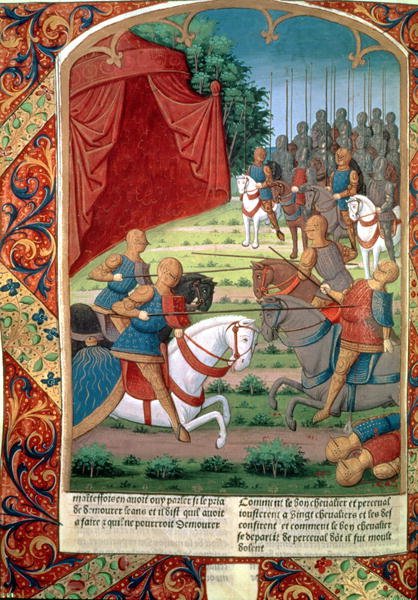 Sir Galahad helping his father, Sir Lancelot, fight twenty knights, before disappearing into the forest without saying who he was, from Lancelot du Lac, c.1490