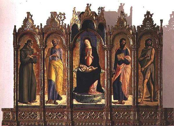 Polyptych depicting central panel Madonna and Child Enthroned, St. Dominic and St. Peter left hand panels, St. Paul and St. John the Baptist right hand panels, 1476