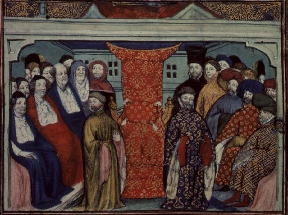 Harl 1319 f.57 The Parliament at Westminster deposes Richard II and proclaims the Duke of Lancaster King Henry IV, from the Histoire du Roy dAngleterre, Richard II