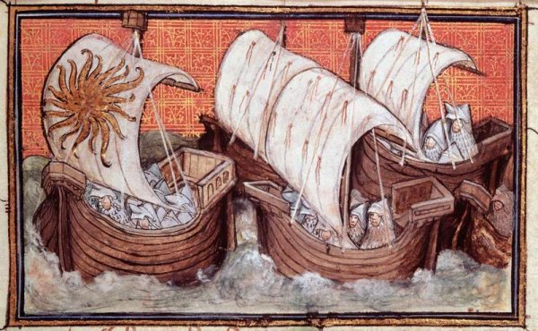 Harl 1319 f.18 The Fleet of Richard II departs from Ireland, Histoire du Roy dAngleterre, Richard II