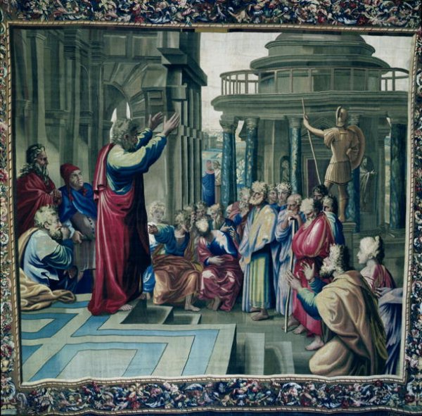 St. Paul Preaching at the Areopagus, from a series depicting the Acts of the Apostles, woven at the Beauvais Workshop under the direction of Philippe Behagle 1641-1705 1695-98