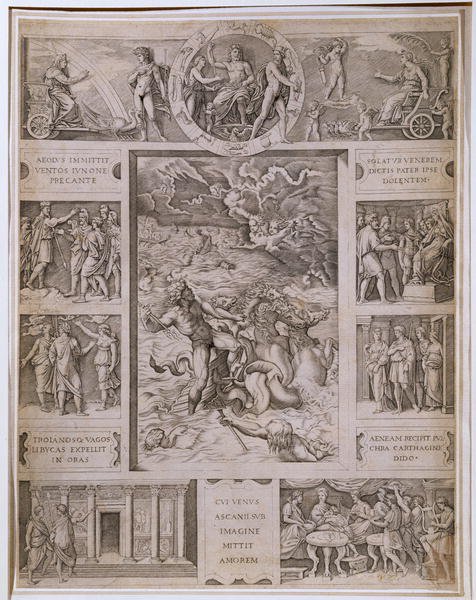 Quos Ego, Neptune Calming the Storm, with borders showing further scenes from Virgils Aeneid, engraved by Marcantonio Raimondi 1480-1534 c.1515-16