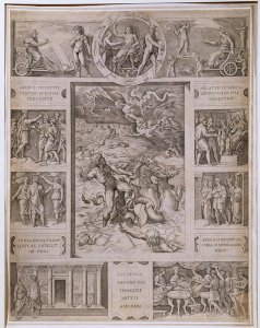 Quos Ego, Neptune Calming the Storm, with borders showing further scenes from Virgil's 'Aeneid', engraved by Marcantonio Raimondi 1480-1534 c.1515-16