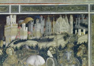 St. George and the Princess of Trebizond, detail of the city in the background, c.1433-38