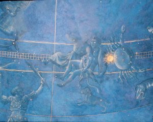 The Path of the Sun through the stars on the night of the 4th July 1442, detail of Gemini and Cancer, from the soffit above the altar, c.1430