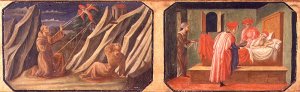 St. Francis of Assisi receiving the stigmata, SS. Cosmas and Damian healing a sick man; copies of original panels forming part of the Predella to the Madonna and Child Enthroned by Filippo Lippi