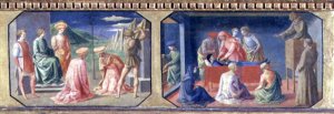 he Martyrdom of SS. Cosmas and Damian, St. Anthony of Padua finding the Miser's Heart; two panels of the predella of the Madonna and Child Enthroned by Filippo Lippi