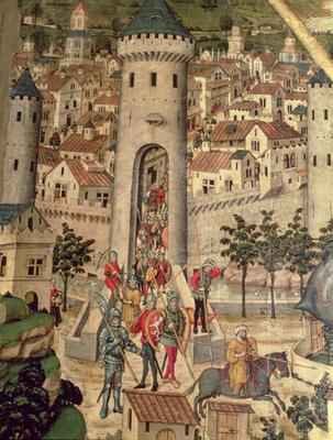 Saint Jordi Altarpiece detail showing the conquest of the City of Majorca by the army of James I 1229