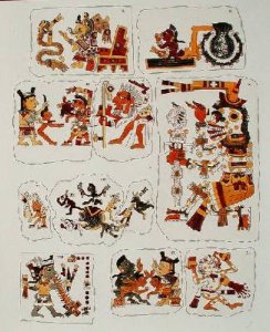 Facsimile copy of a page of the Borgia codexe depicting different scenes