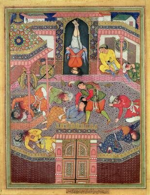 Murder Scene miniature of the Mughal period possibly from the Khamsa tales of Nizami 1570