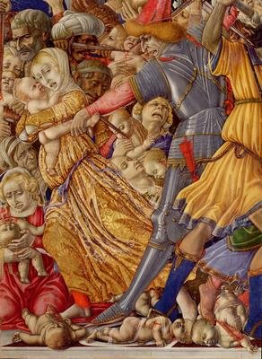 The Massacre of the Innocents detail of a soldier preparing to stab a child and surrounding carnage 1482