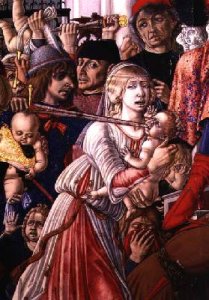 The Massacre of the Innocents detail of a soldier piercing a baby with his sword 1482