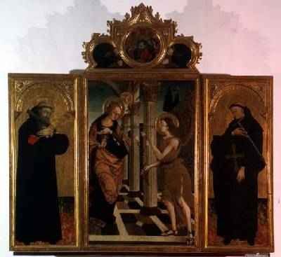 Triptych central panel depicting the Annunciation with God above and side panels bearing the figures of two saints