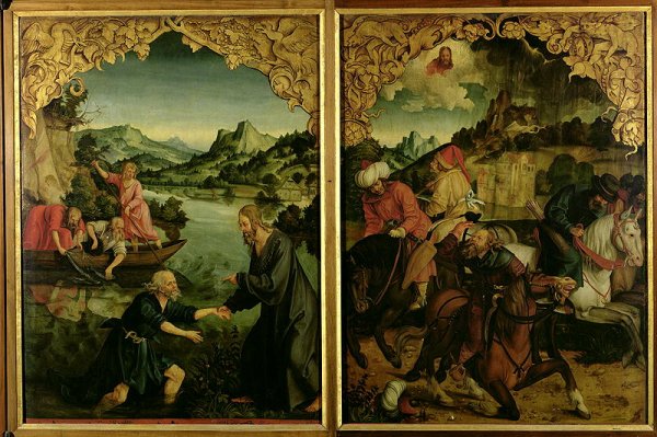 Stories of SS Peter and Paul altarpiece detail showing L to R Vocation of St Peter Conversion of St Paul