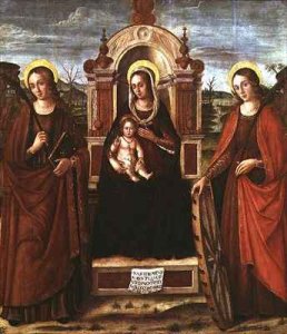 Madonna and Child Enthroned with St Catherine of Alexandria and a Holy Female Martyr