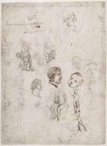 Sheet of studies with heads rider and figures