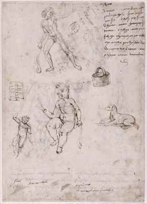 Sheet of studies with naked young man basket dog children