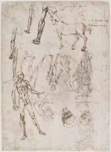 Sheet of studies with men and horses seated man striking an anvil two heads of saints