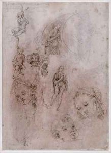 Sheet of studies with St Sebastian naked children and angels heads of Virgin and Jesus Child