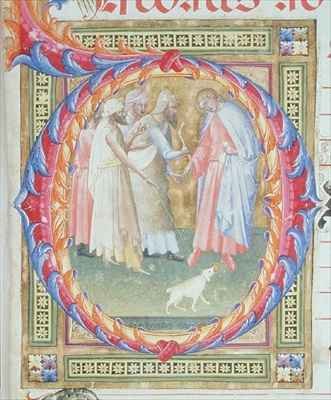 Historiated initial 'O' depicting Tobias and the Angel