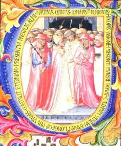 Historiated initial 'O' depicting Tobias and the Angel