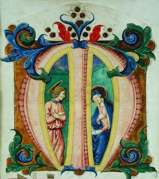 Historiated initial 'M' depicting the Annunciation