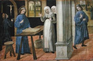 The Prayer, The Miracle of the Sieve and the Departure for Subiaco, predella panel from an altarpiece depicting Scenes from the Life of St. Benedict