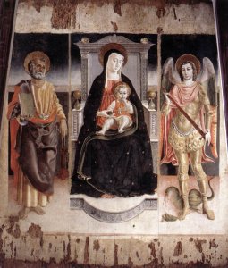 Madonna Enthroned with the Infant Christ, St Peter and St Michael 1472