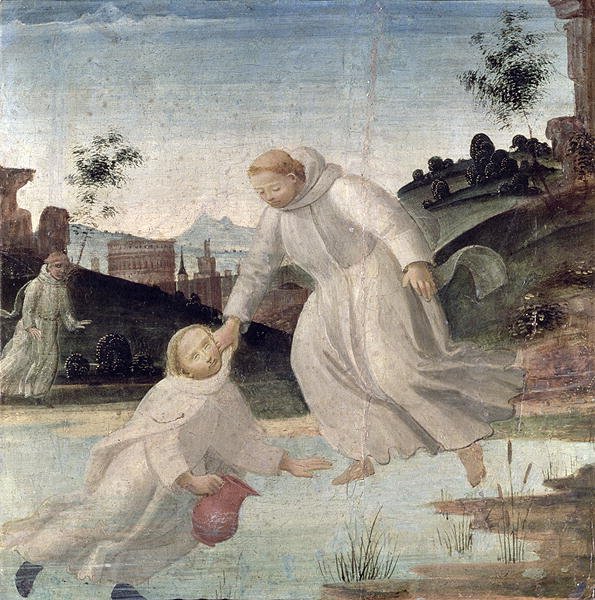 Scenes from the Life of St. Benedict- Maurus, on the instruction of St. Benedict, pulls Placidus from the lake, c.1488