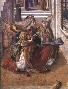 The Annunciation with St. Emidius, detail of the archangel Gabriel with the saint, 1486