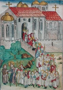 Pilgrim of Santiago de Compostela and procession, 1491