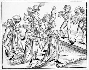 Dancers on Christmas Night punished for their impiety, after a woodcut from Liber Chronicarum Mundi, published Nuremburg, 1493