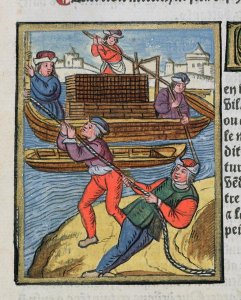 Wood transport on the River Seine, from Ordonnances Royaux de la Juridiction de la Prevote des Marchands de la Ville de Paris, 1528