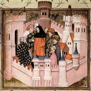 Harl 1319 f.37v Richard II receiving the Earl of Northumberland at Conway, from the Histoire du Roy dAngleterre, Richard II