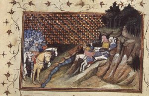 Harl 1319 f.9 MacNamara, the Irish chieftain comes to confer with the Earl of Gloucester, from the Histoire du Roy dAngleterre, Richard II