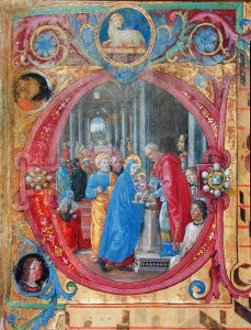 Corale B 26 c.113r Historiated initial C depicting the Presentation in the Temple, with a portrait of Lorenzo the Magnificent 1449-92 by a column on the right hand side 2