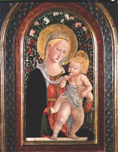 Madonna and Child, Child standing, holding a bird