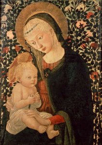 Madonna and Child seated, Child holding a Bird