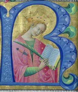 Illuminated initial 'R' depicting St. Catherine of Alexandria