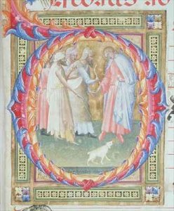 Historiated initial 'O' depicting Tobias and the Angel