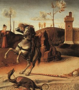 Pesaro Altarpiece, detail of the predella featuring St. George Fighting the Dragon 1470s