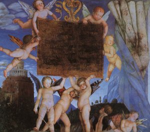 Camera degli Sposi, detail featuring Putti Holding Dedicatory Tablet