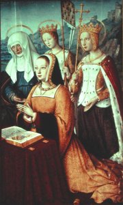 Ms lat 9474 f.3v Anne of Brittany with St. Anne, St. Ursula and St. Helen, miniature from the Grandes Heures of Anne of Brittany, c.1503-8